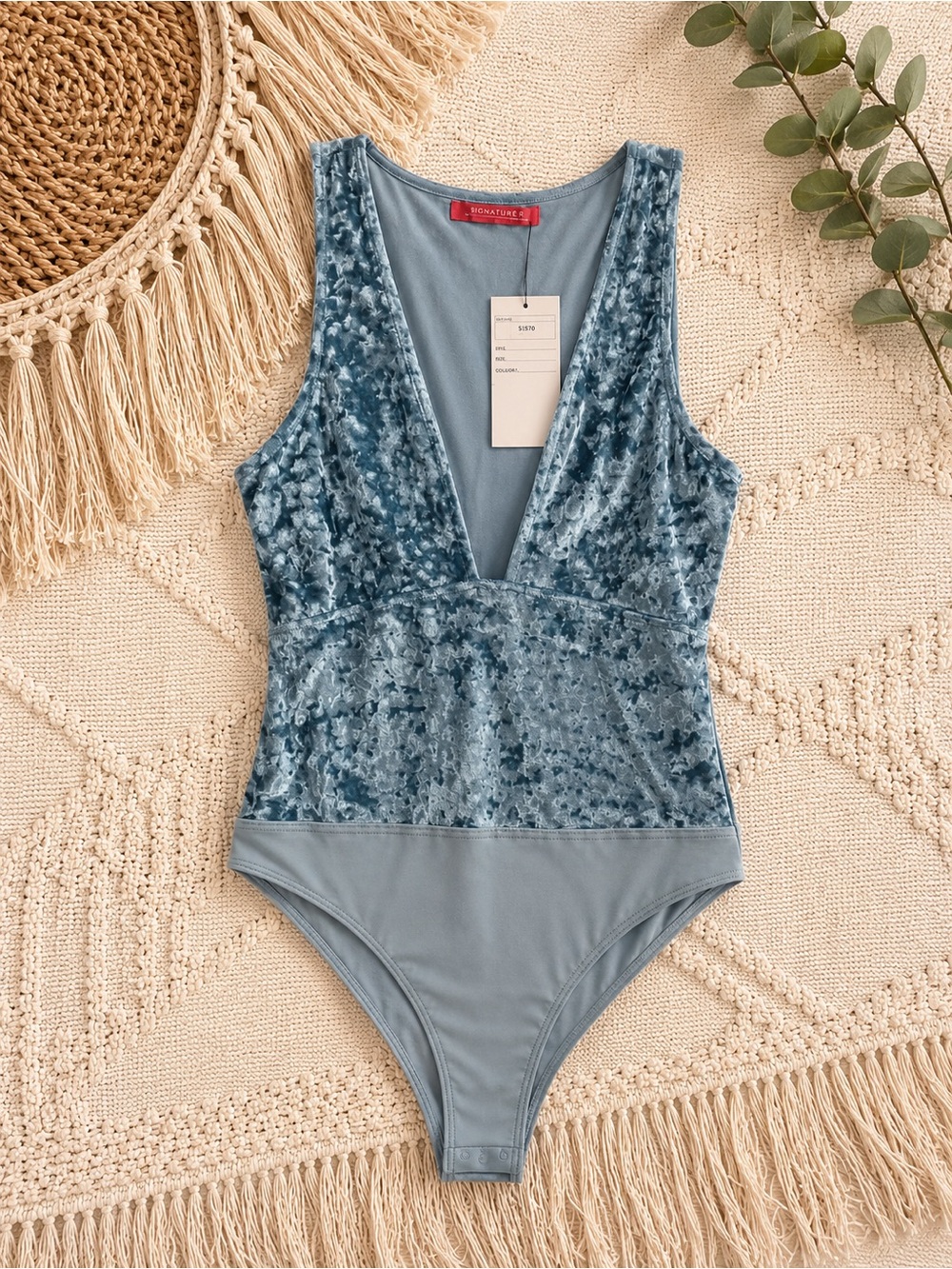 Blue Crushed Velvet Deep V Bodysuit